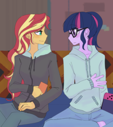 Size: 2448x2747 | Tagged: safe, artist:haibaratomoe, sci-twi, sunset shimmer, twilight sparkle, equestria girls, g4, blushing, clothes, duo, female, glasses, high res, hoodie, lesbian, looking at each other, nintendo switch, pants, ship:sci-twishimmer, ship:sunsetsparkle, shipping, socks