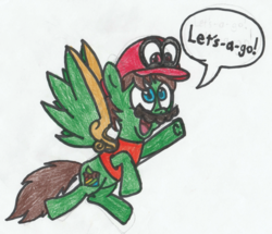 Size: 1665x1433 | Tagged: safe, artist:drquack64, oc, oc only, oc:frost d. tart, alicorn, pony, alicorn oc, alternate eye color, cap, cappy (mario), facial hair, hat, horn, mario, mario's hat, moustache, possession, solo, speech bubble, super mario odyssey, text, traditional art