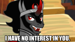 Size: 1280x720 | Tagged: safe, edit, edited screencap, screencap, king sombra, pony, g4, the beginning of the end, caption, crown, curved horn, horn, image macro, jewelry, male, meme, open mouth, regalia, solo, stallion, text
