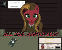 Size: 1000x800 | Tagged: safe, artist:warfost, oc, oc only, oc:pun, earth pony, pony, ask pun, ask, female, mare, papers please, solo