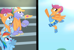 Size: 1024x696 | Tagged: safe, artist:butterfly-bases, artist:littlebasemaker, artist:missxxfofa123, bow hothoof, rainbow dash, scootaloo, windy whistles, pegasus, pony, g4, alternate hairstyle, ballerina, ballet, ballet slippers, base used, clothes, comic, family, father and daughter, female, flag, flying, grin, hat, headcanon, hoodie, male, mare, mother and daughter, older, older scootaloo, parent:bow hothoof, parent:windy whistles, parents:windyhoof, rainbow dash's parents, scarf, scootadoption, scootaloo can fly, scootarina, siblings, sisters, smiling, stallion, support, tutu, unshorn fetlocks