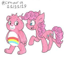 Size: 992x861 | Tagged: safe, artist:cmara, pinkie pie, bear, earth pony, pony, g4, care bears, cheer bear, crossover, traditional art