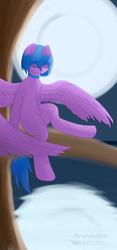 Size: 1080x2316 | Tagged: safe, artist:whale falda, oc, oc only, pegasus, pony, moon, night, pegasus oc, reflection, solo, tree, tree branch, water