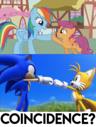 Size: 728x962 | Tagged: safe, edit, edited screencap, screencap, rainbow dash, scootaloo, pony, g4, coincidence, conspiracy, friendship, hoofbump, insane troll logic, it all makes sense now, male, miles "tails" prower, sonic the hedgehog, sonic the hedgehog (series)