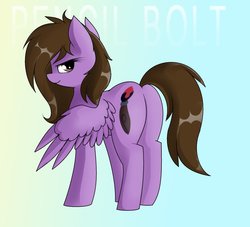 Size: 1968x1784 | Tagged: safe, artist:pencil bolt, oc, oc only, oc:scribble draws, pegasus, pony, butt, female, gradient background, looking back, mare, plot, smiling, smirk, solo, wings