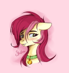 Size: 1500x1600 | Tagged: safe, artist:spoosha, roseluck, earth pony, pony, g4, blushing, bust, collar, commission, commissioner:doom9454, cute, female, floppy ears, mare, pet collar, pet tag, pony pet, portrait, rosepet, solo