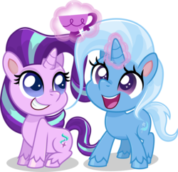 Size: 3611x3500 | Tagged: safe, artist:limedazzle, starlight glimmer, trixie, pony, unicorn, g4, g4.5, my little pony: pony life, chibi, cup, cute, diatrixes, digital art, female, glimmerbetes, high res, mare, pony life accurate, show accurate, smiling, teacup, that pony sure does love teacups