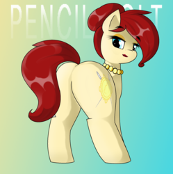 Size: 1808x1812 | Tagged: safe, artist:pencil bolt, oc, oc only, oc:golden brooch, earth pony, pony, unicorn, butt, featureless crotch, female, gradient background, lipstick, looking back, mare, plot, red lipstick, solo