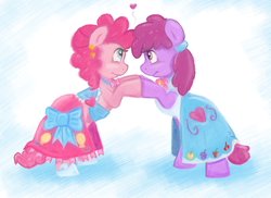 Size: 815x593 | Tagged: safe, artist:pippy, berry punch, berryshine, pinkie pie, earth pony, pony, pinkiepieskitchen, g4, bipedal, clothes, dress, eye contact, female, gala dress, heart, hooves together, lesbian, looking at each other, mare, ship:berrypie, shipping
