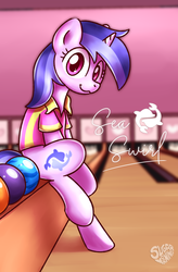 Size: 2300x3500 | Tagged: safe, artist:sugar morning, sea swirl, seafoam, pony, unicorn, g4, :3, background pony, bowling alley, bowling ball, bowling pin, clothes, commission, female, high res, mare, outfit catalog, shirt, solo, text