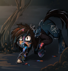 Size: 1339x1399 | Tagged: safe, alternate version, artist:lonerdemiurge_nail, earth pony, pony, undead, zombie, zombie pony, bleeding, blood, bone, bring me the horizon, clothes, commission, dripping blood, fangs, long sleeves, male, messy mane, messy tail, oliver sykes, open mouth, ponified, rainbow blood, scar, shirt, solo, stallion, stitches, tattoo, tongue out, torn ear, ych result