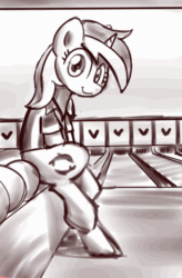 Size: 2300x3500 | Tagged: safe, artist:sugar morning, sea swirl, seafoam, pony, unicorn, g4, :3, animated, background pony, bowling alley, bowling ball, bowling pin, clothes, commission, female, gif, high res, mare, shirt, solo, text, time-lapse, wip