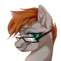 Size: 600x600 | Tagged: safe, artist:yuka, derpibooru exclusive, oc, oc only, oc:skyson, earth pony, pony, beard, bust, facial hair, glasses, looking at you, male, portrait, simple background, smiling, solo, stallion, white background