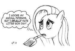 Size: 800x544 | Tagged: safe, artist:cartoon-eric, fluttershy, pony, g4, bust, female, grayscale, implied poop, litterbox, mare, monochrome, mouth hold, simple background, thought bubble, white background