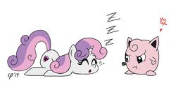Size: 900x474 | Tagged: safe, artist:cartoon-eric, sweetie belle, jigglypuff, pony, unicorn, g4, :t, cross-popping veins, crossover, cutie mark, onomatopoeia, pokémon, sleeping, sound effects, this will end in facial drawings, zzz