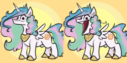 Size: 4096x2048 | Tagged: safe, artist:greyscaleart, princess celestia, alicorn, pony, g4.5, my little pony: pony life, :d, :t, aaaaaaaaaa, abstract background, big mouth, colored hooves, cursed image, female, giant mouth, looking at you, majestic as fuck, mare, mouth, open mouth, smiling, solo, spread wings, wat, wide eyes, wings