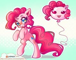 Size: 1024x817 | Tagged: safe, artist:chaosangeldesu, pinkie pie, earth pony, pony, g4, :p, balloon, bipedal, cute, diapinkes, female, mare, patreon, solo, tongue out
