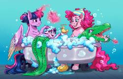 Size: 1114x718 | Tagged: safe, artist:hazurasinner, gummy, pinkie pie, twilight sparkle, oc, oc:starchaser, alicorn, alligator, pony, unicorn, g4, blue background, cloven hooves, colored wings, colored wingtips, cute, family, female, filly, foal, lesbian, magic, magic aura, magical lesbian spawn, offspring, older, older gummy, parent:pinkie pie, parent:twilight sparkle, parents:twinkie, rubber duck, ship:twinkie, shipping, simple background, sponge, suds, telekinesis, toothbrush, twilight sparkle (alicorn)