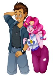 Size: 2719x3839 | Tagged: safe, artist:seishinann, pinkie pie, oc, oc:copper plume, human, equestria girls, g4, arm behind head, belt, blushing, bracelet, canon x oc, clothes, commission, commissioner:imperfectxiii, copperpie, female, freckles, glasses, heart shaped glasses, high res, jacket, jeans, jewelry, looking at you, male, necklace, pants, peace sign, shipping, shirt, simple background, smiling, straight, sunglasses, transparent background, watch, wide hips