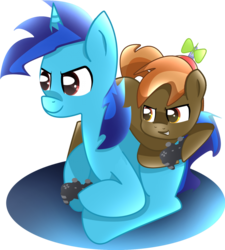 Size: 921x1024 | Tagged: safe, artist:dialliyon, artist:jencita, button mash, oc, oc:dial liyon, earth pony, pony, unicorn, g4, controller, foal, playing, simple background