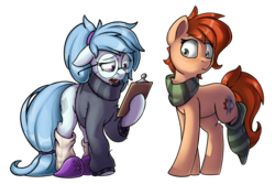 Size: 4958x3316 | Tagged: safe, artist:rexyseven, oc, oc only, oc:rusty gears, oc:whispy slippers, earth pony, pony, absurd resolution, clipboard, clothes, duo, female, floppy ears, freckles, glasses, hoof hold, mare, simple background, slippers, sock, socks, striped socks, sweater, transparent background, turtleneck