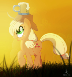 Size: 4000x4252 | Tagged: safe, artist:zidanemina, applejack, earth pony, pony, g4, the super speedy cider squeezy 6000, absurd resolution, balancing, cider, cowboy hat, cute, female, freckles, hat, i didn't learn anything, jackabetes, looking up, mare, scene interpretation, silly, silly pony, solo, stetson, who's a silly pony