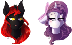 Size: 1920x1200 | Tagged: safe, artist:obscuredragone, oc, oc:blaze shadow, oc:violin melody, alicorn, pony, unicorn, beautiful, big eyes, blushing, bow, broken horn, bust, couple, curly hair, cute, cute face, dark skin, dragon eyes, ears, ears up, eyelashes, eyes open, female, fluffy, fluffy hair, glowing eyes, golden eyes, hair, hair bow, head, horn, light skin, long hair, long mane, looking at each other, male, mane, mare, open mouth, pink bow, pink eyes, pink ribbon, portrait, purple, purple eyes, purple mane, red mane, ribbon, sensual, shading, shiny eyes, simple background, stallion, straight hair, transparent background