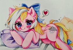 Size: 3102x2112 | Tagged: safe, artist:manekoart, oc, oc only, oc:bay breeze, pegasus, pony, g4, blushing, bow, cute, ear fluff, female, hair bow, heart eyes, high res, hug, looking at you, mare, ocbetes, pillow, pillow hug, tail bow, traditional art, wingding eyes