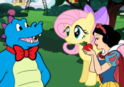 Size: 1284x904 | Tagged: artist needed, source needed, safe, fluttershy, dragon, human, pegasus, g4, 1000 hours in ms paint, bow, bowtie, canterlot, cape, clothes, disney, dragon tales, garden, hair bow, ord, snow white, snow white and the seven dwarfs