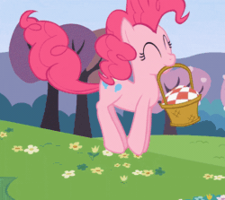 Size: 504x450 | Tagged: safe, screencap, pinkie pie, earth pony, pony, g4, lesson zero, season 2, animated, basket, cropped, cute, diapinkes, eyes closed, female, gif, mare, mouth hold, picnic basket, pinkie being pinkie, pronking, solo
