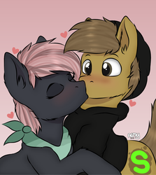 Size: 714x800 | Tagged: safe, artist:almond evergrow, oc, oc only, oc:almond evergrow, oc:siren shadowstone, earth pony, pony, blushing, heart, kissing, love, relationship, shipping, sirond, smooch, surprise kiss