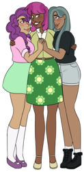 Size: 743x1510 | Tagged: safe, artist:unicorngutz, cheerilee, marble pie, sugar belle, human, g4, belt, blushing, boots, clothes, commission, dark skin, denim shorts, ear piercing, earring, female, flats, hair over one eye, holding hands, hug, humanized, jewelry, lesbian, marbilee, mary janes, miniskirt, piercing, polyamory, ship:cheeribelle, shipping, shirt, shoes, shorts, simple background, skirt, socks, stockings, sugarlee, sugarmarilee, t-shirt, thigh highs, transparent background, vest