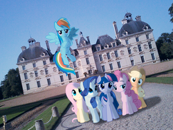 Size: 548x411 | Tagged: safe, artist:bastbrushie, applejack, fluttershy, pinkie pie, rainbow dash, rarity, twilight sparkle, earth pony, pegasus, pony, g4, castle, château de cheverny, france, garden, irl, photo, ponies in real life, pose