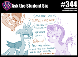 Size: 800x592 | Tagged: safe, artist:sintakhra, gallus, smolder, starlight glimmer, dragon, griffon, pony, unicorn, tumblr:studentsix, g4, cut tail, short tail, starlight glimmer is not amused, this will end in detention, unamused
