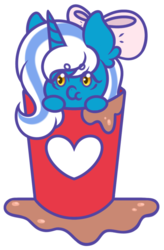 Size: 725x1102 | Tagged: safe, artist:pompadahl, oc, oc:fleurbelle, alicorn, pony, adorabelle, adorable face, alicorn oc, bow, chibi, cup, cup of pony, cute, drink, ear fluff, female, hair bow, horn, mare, micro, palindrome get, simple background, solo, transparent background, ych result, yellow eyes