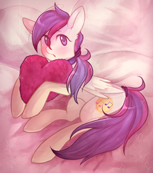Size: 2376x2688 | Tagged: safe, artist:georgisse-tyan, oc, oc only, oc:evensong, pegasus, pony, collar, cute, female, heart, heart pillow, high res, looking at you, mare, ocbetes, pillow, ponytail, solo