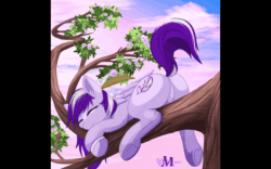 Size: 1280x800 | Tagged: safe, artist:wildviolet-m, oc, oc only, oc:iridescent, pegasus, pony, animated, animated background, bandage, butt, commission, dock, eyes closed, feather, featureless crotch, female, flower, gif, heart, hoof heart, mare, multicolored hair, plot, purple mane, rainbow hair, raised tail, sleeping, smiling, solo, tail, tail wag, tree branch, underhoof, ych animation, ych result