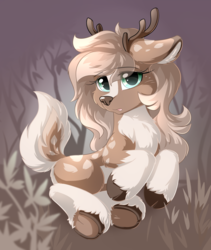 Size: 3200x3800 | Tagged: safe, artist:dreamweaverpony, oc, oc only, oc:spring equinox, deer, deer pony, original species, antlers, beautiful, cute, doe, female, fluffy, fluffy tail, high res, hooves, looking at you, open mouth, solo, tail, underhoof