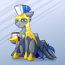 Size: 4000x4000 | Tagged: safe, artist:witchtaunter, oc, oc only, oc:cloud zapper, pegasus, pony, absurd resolution, armor, coffee, commission, cup, floppy ears, gradient background, guard, male, royal guard, solo, stallion, tired
