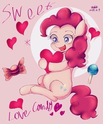 Size: 1706x2048 | Tagged: safe, artist:linharuna9x, pinkie pie, earth pony, pony, g4, abstract background, blushing, candy, cute, diapinkes, female, food, heart, mare, open mouth, solo
