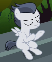 Size: 465x559 | Tagged: safe, screencap, rumble, pegasus, pony, g4, marks and recreation, colt, cropped, eyes closed, male, sitting, solo