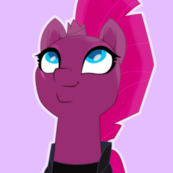 Size: 500x500 | Tagged: safe, artist:reapir, tempest shadow, pony, unicorn, g4, my little pony: the movie, broken horn, bust, eye scar, female, horn, looking up, mare, movie accurate, outline, scar, simple background, smiling, solo, when she smiles