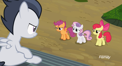 Size: 1183x649 | Tagged: safe, screencap, apple bloom, rumble, scootaloo, sweetie belle, earth pony, pegasus, pony, unicorn, g4, marks and recreation, colt, discovery family logo, female, filly, male, sitting, stands