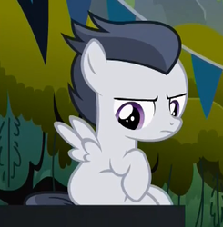 Size: 291x297 | Tagged: safe, screencap, rumble, pegasus, pony, g4, marks and recreation, colt, cropped, frown, male, sitting, solo