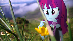 Size: 3840x2160 | Tagged: safe, artist:bastbrushie, mystery mint, equestria girls, g4, background human, clothes, equestria girls in real life, female, flower, frown, high res, irl, mountain, photo, photomanipulation, scarf, solo