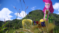 Size: 3840x2160 | Tagged: safe, artist:bastbrushie, cheerilee, equestria girls, g4, blue sky, book, equestria girls in real life, grin, high res, irl, mountain, photo, smiling