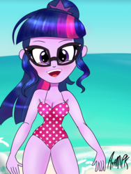 Size: 1536x2048 | Tagged: safe, artist:artmlpk, sci-twi, twilight sparkle, equestria girls, g4, beach, blushing, breasts, cleavage, clothes, cute, female, glasses, looking at you, one-piece swimsuit, open mouth, ponytail, smiling, solo, swimsuit, twiabetes
