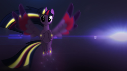 Size: 3840x2160 | Tagged: safe, artist:bastbrushie, twilight sparkle, alicorn, pony, g4, female, high res, lens flare, rainbow power, solo, spread wings, twilight sparkle (alicorn), wallpaper, wings