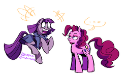 Size: 1780x1080 | Tagged: safe, artist:mushroomcookiebear, maud pie, pinkie pie, earth pony, pony, g4, ..., duo, duo female, excited, female, jumping, maudie pie, personality swap, siblings, sisters