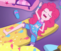 Size: 1334x1106 | Tagged: safe, screencap, pinkie pie, sunset shimmer, equestria girls, equestria girls series, g4, sunset's backstage pass!, spoiler:eqg series (season 2), barefoot, clothes, cropped, feet, female, mawshot, nightgown, open mouth, pajamas, sleeping, sleeveless, uvula